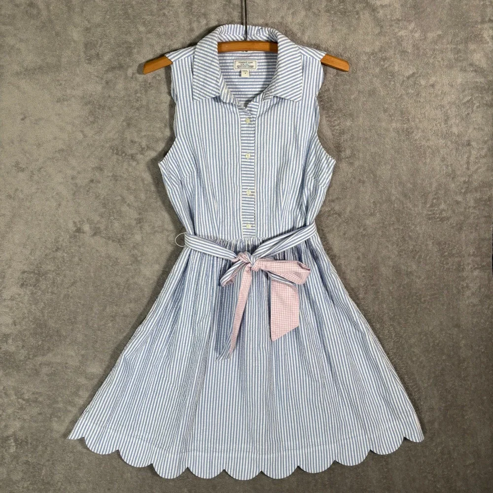 Vineyard Vines Blue and White Striped Sleeveless Shirt Dress with Pink Bow - Picture 1 of 15